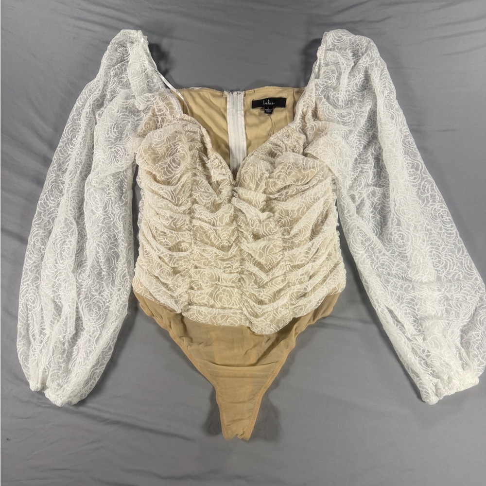 Lulus Ivory Beige Long Sleeve Lace Bodysuit with Zipper Accent for Women Size L